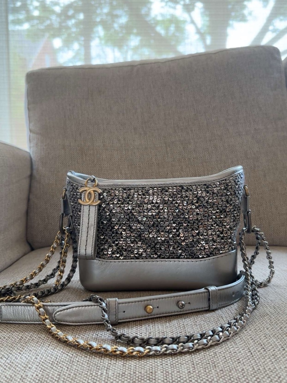 CHANEL Silver Sequined Chain Gabrielle Shoulder Bag